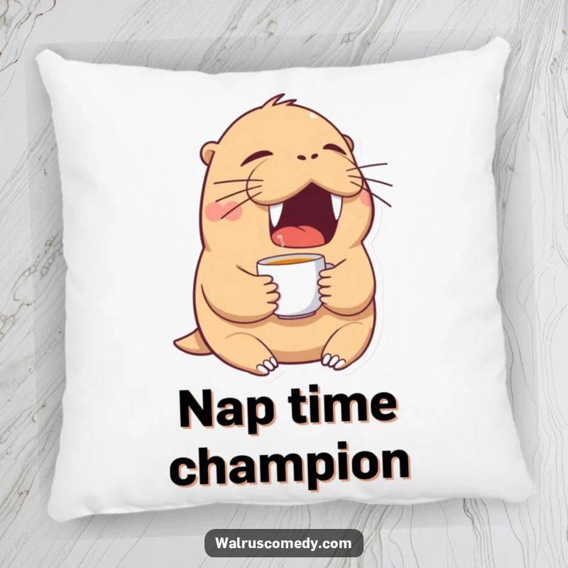 Funny walrus pillow featuring a tired walrus yawning while holding a teacup, designed for comfort and humor.