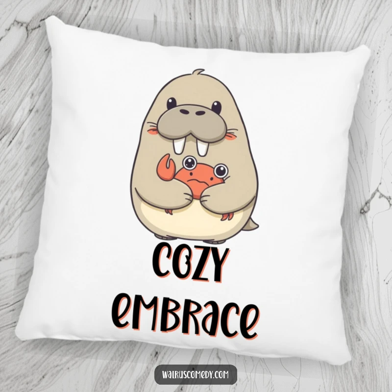 Funny decorative pillow featuring a surprised walrus being hugged by a small, cute crab.
