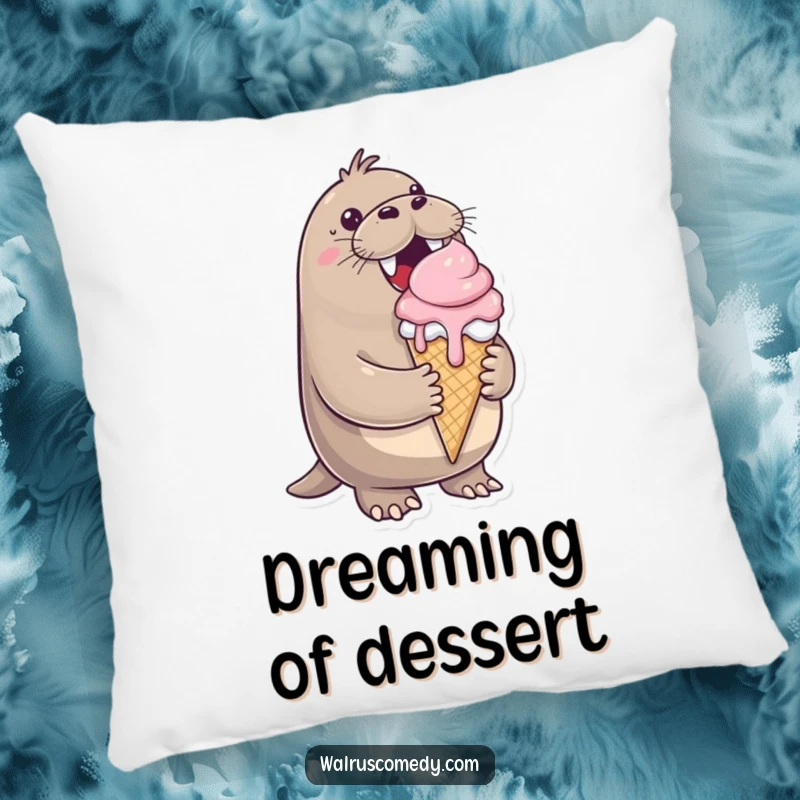 Funny pillow, cheerful walrus, ice cream cone dripping, happy, comfortable accent, perfect for sofas, sweet decor.