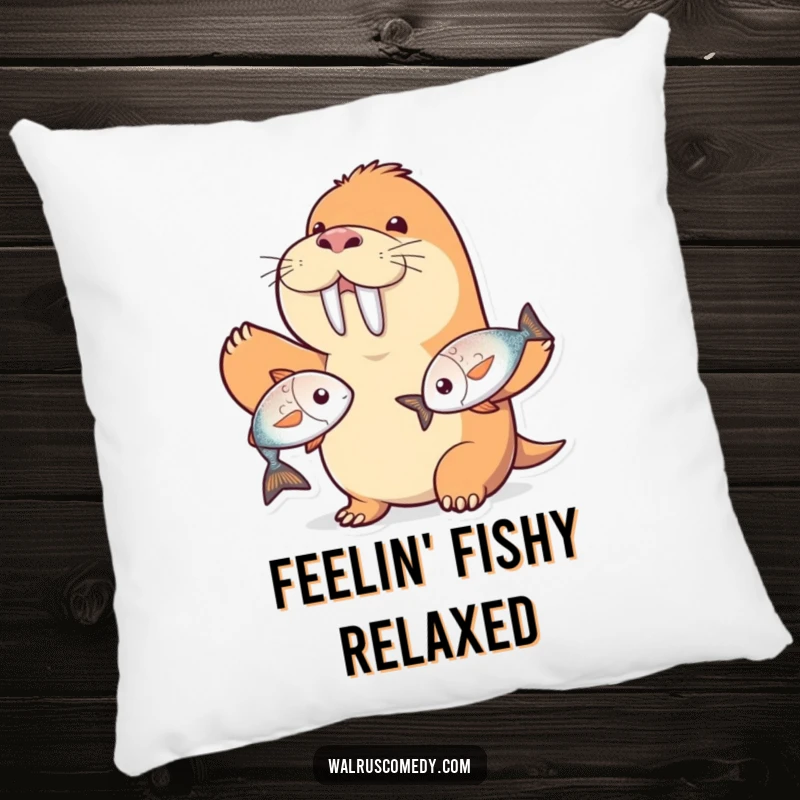 Funny walrus character pillow, juggling two shiny fish with a grin, perfect for comfort and as a funny gift.