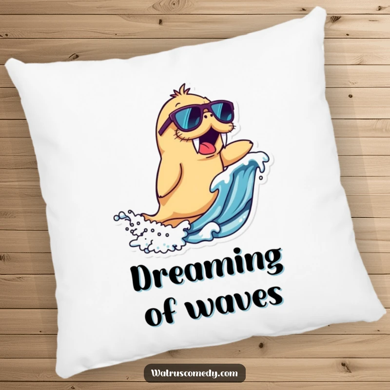 Funny walrus character pillow wearing sunglasses, riding a wave with excitement, perfect for comfort and as a funny gift.