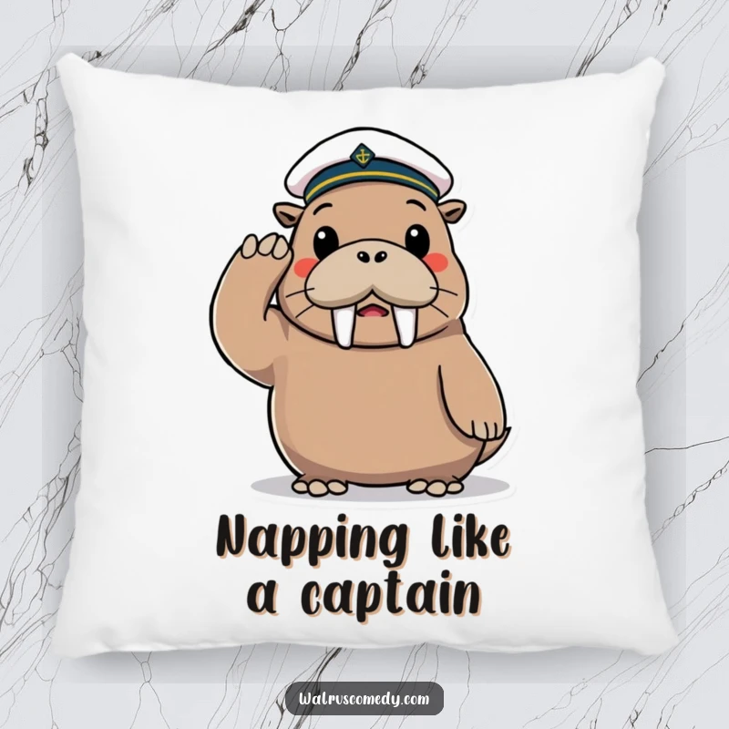 Funny Pillow with a playful walrus character wearing a tiny sailor hat, saluting cheerfully.
