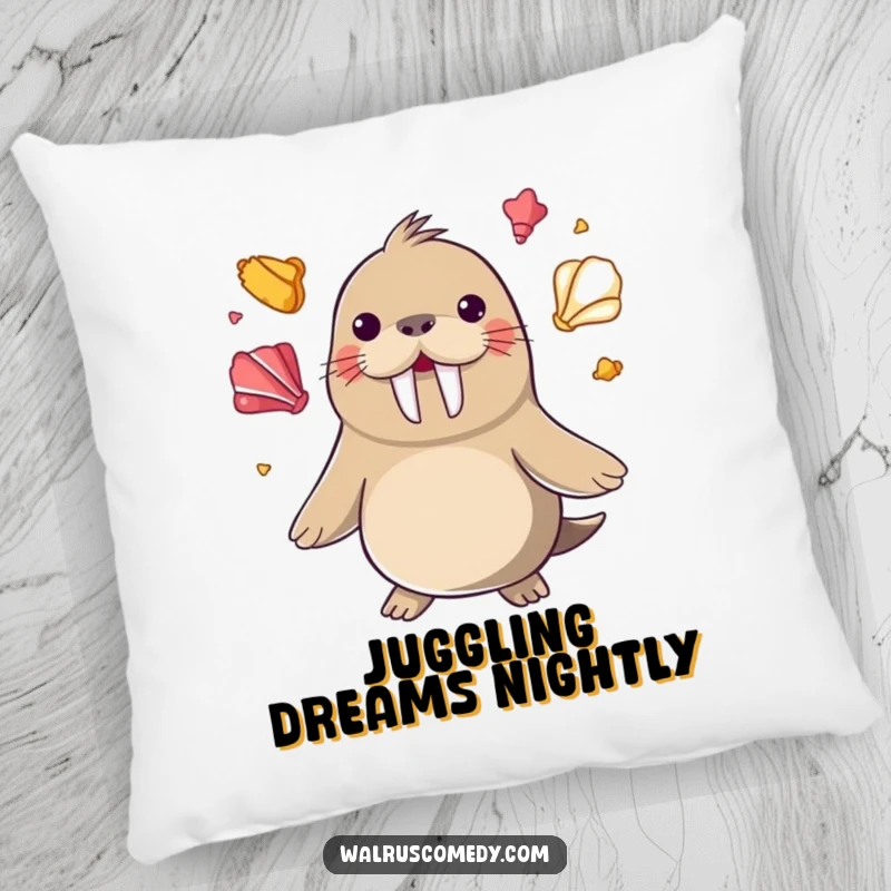 Funny happy walrus juggling colorful seashells with its flippers on a soft pillow, a cozy funny gift.