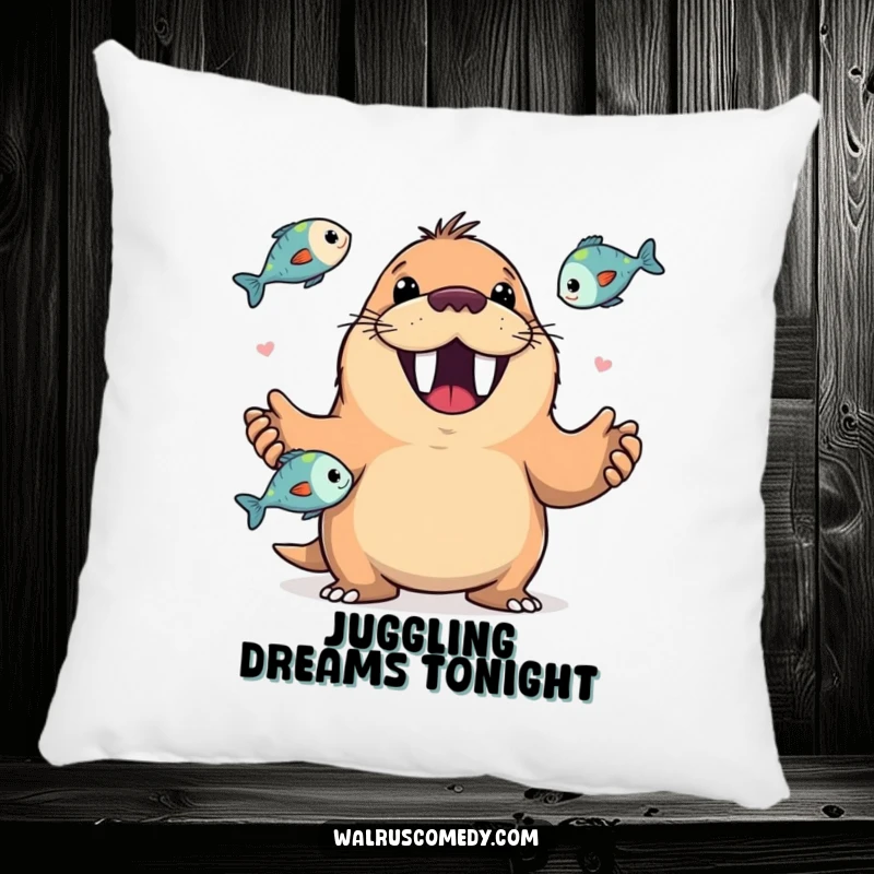 Funny pillow featuring a happy walrus with a wide, toothy grin, engrossed in the art of juggling fish with a joyful expression.