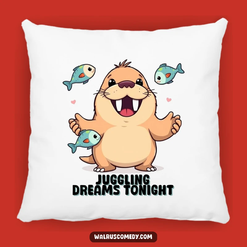 Funny Walrus Juggling Fish Pillow: Happy Grin - Comfy Funny Gift Cushion
