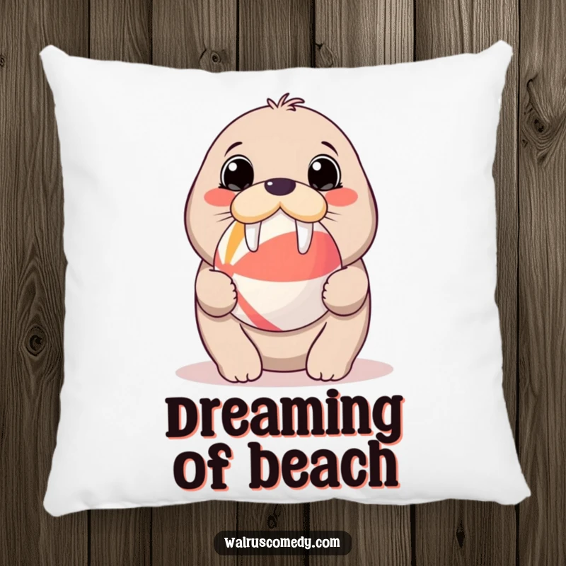 Funny pillow featuring a kawaii walrus with big eyes balancing a beach ball, offering comfort and a dose of adorable charm.
