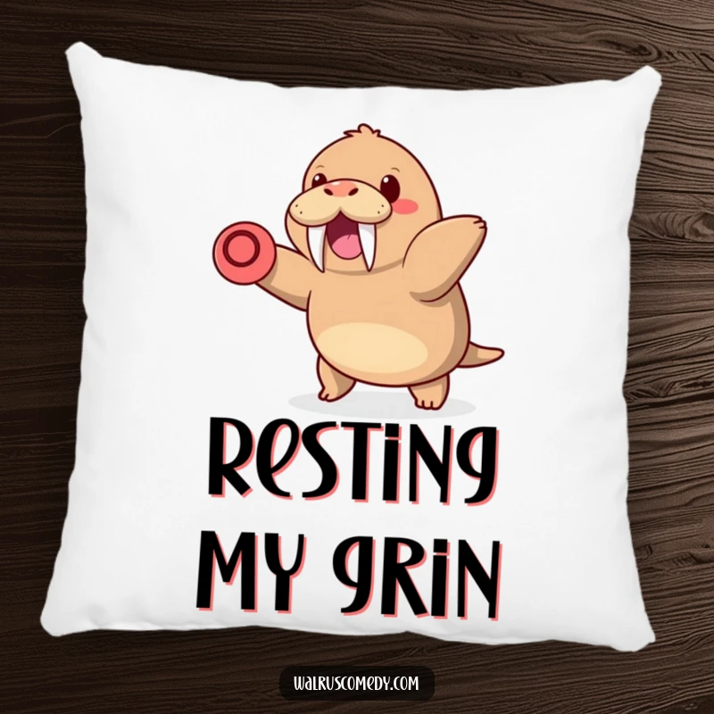 Funny pillow featuring a kawaii walrus with tusks happily throwing a frisbee, offering comfort and a dose of playful cheer.