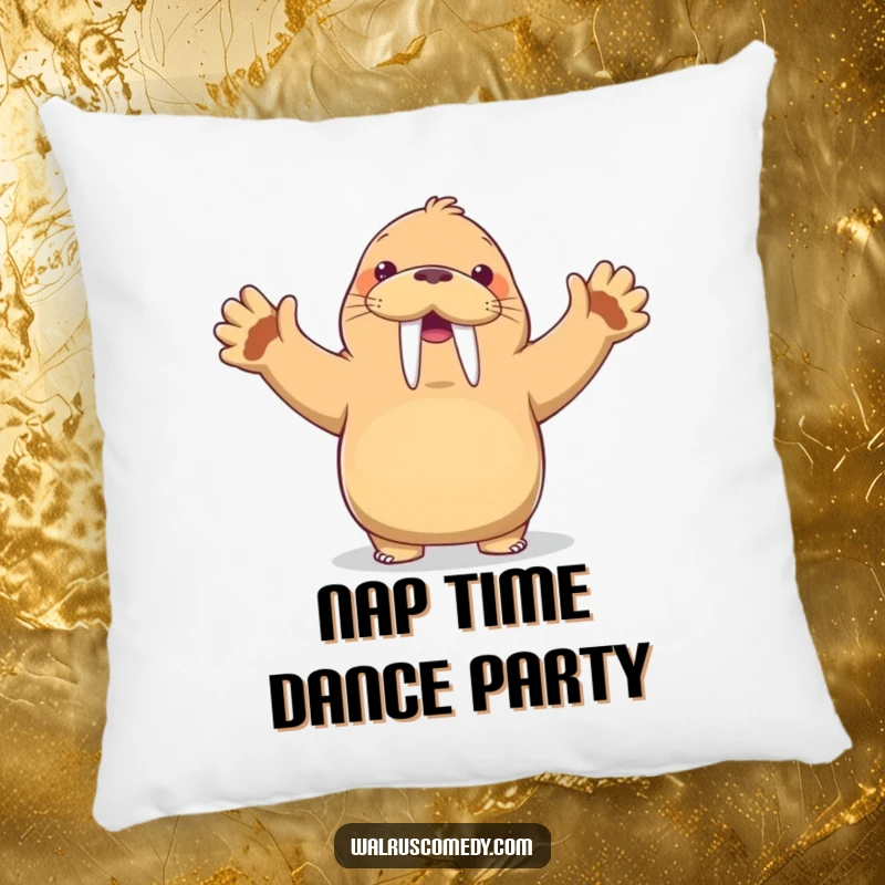 Funny Kawaii Walrus Pillow: A walrus dances with flippers up and a wide grin, offering humorous comfort and a playful touch to any room.