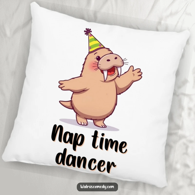 Funny pillow with a joyful walrus character dancing in a party hat, offering comfort and a touch of festive fun.