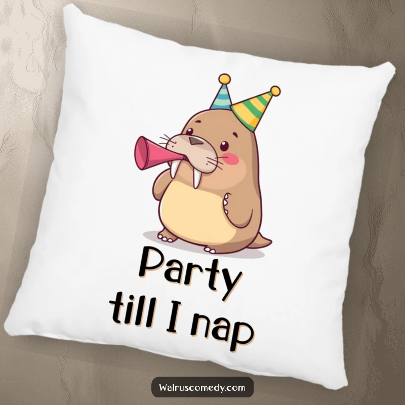 Funny cute walrus wearing a party hat and blowing a party horn on a soft pillow, a cozy funny gift.