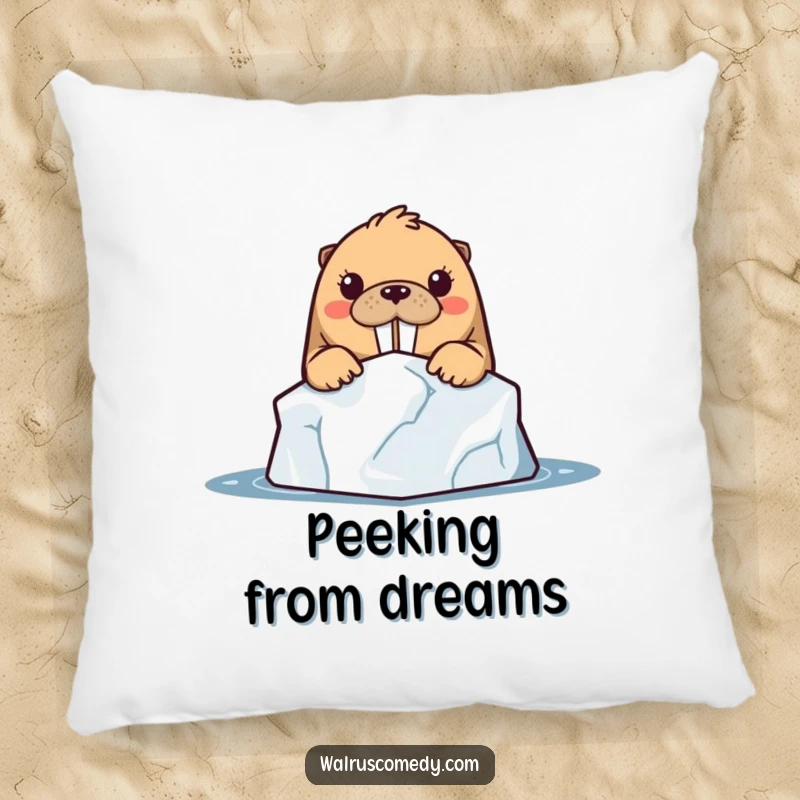 Funny kawaii walrus character peeking with curiosity from behind an iceberg, looking cute and cozy on a plush pillow.