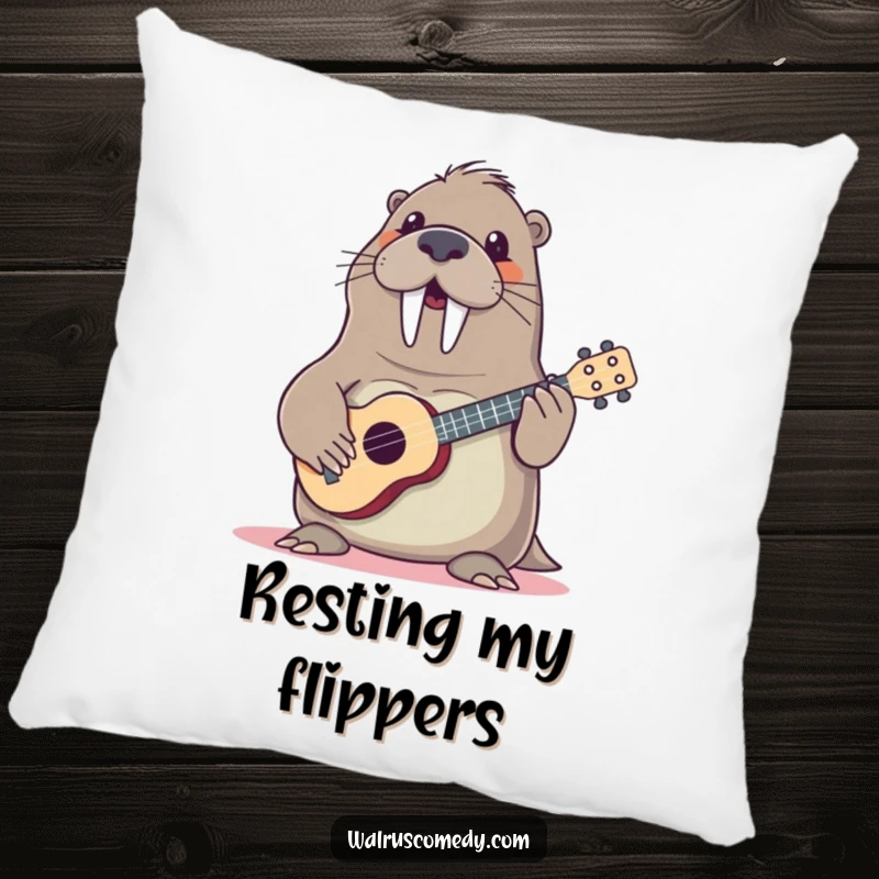 Funny walrus with ukulele on a soft pillow, a cheerful and comfortable seat cushion with a musical sea creature, cozy decor.