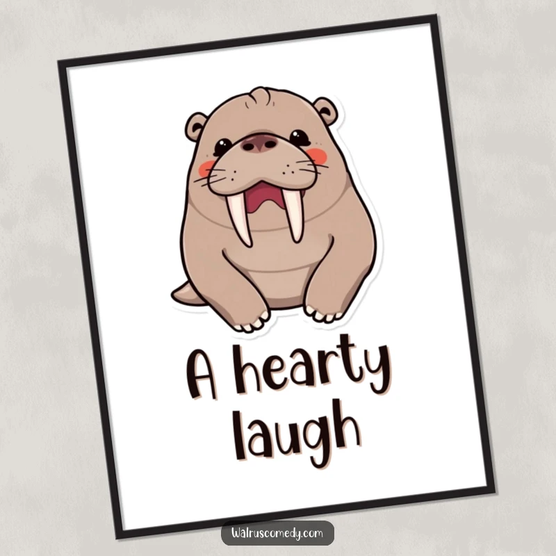 Funny kawaii walrus character caught in a hearty chuckle, prominent tusks visible, radiating pure joy as digital art.