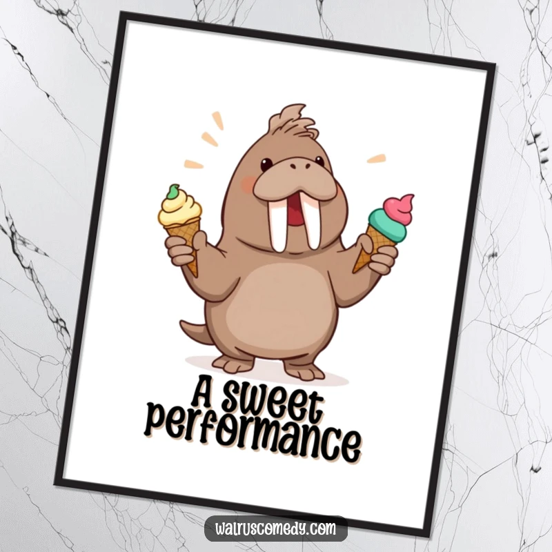 Funny Walrus Digital Art Print: A high-quality image of a walrus enthusiastically juggling multiple ice cream cones against a cheerful background.
