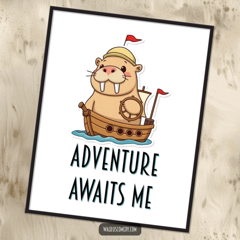 Funny walrus digital art print of an adventurous walrus grinning while steering a tiny ship, perfect for nautical decor.
