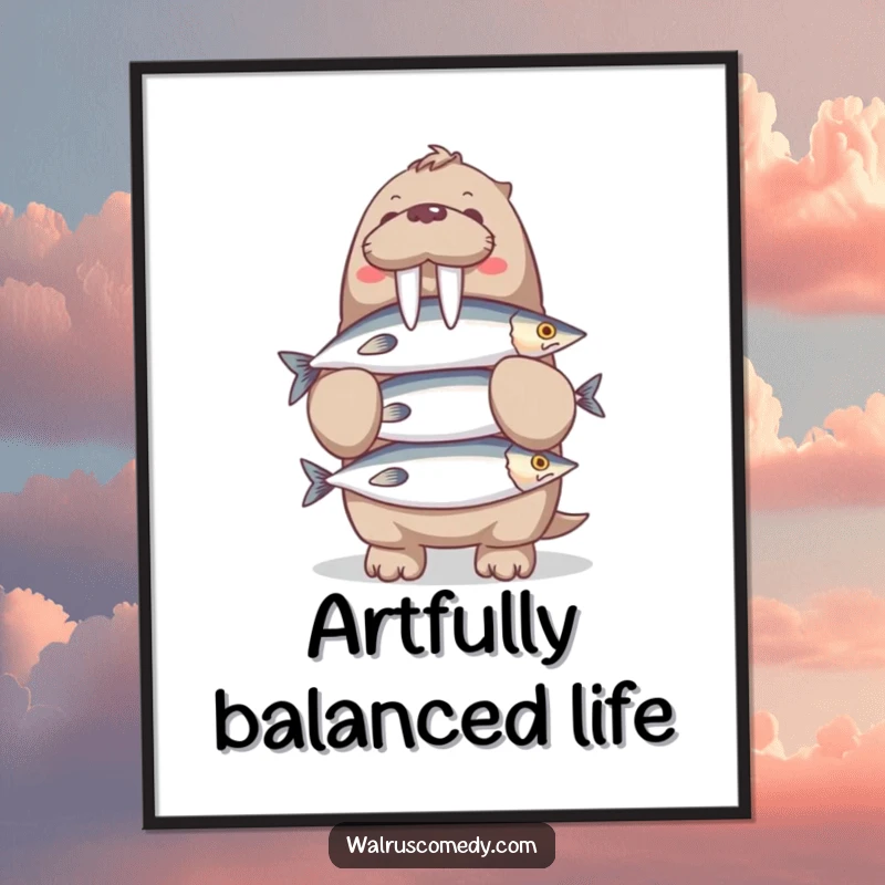 Funny Walrus Digital Art Print: A high-resolution image of a happy walrus balancing a large stack of fish, ready to adorn any wall.