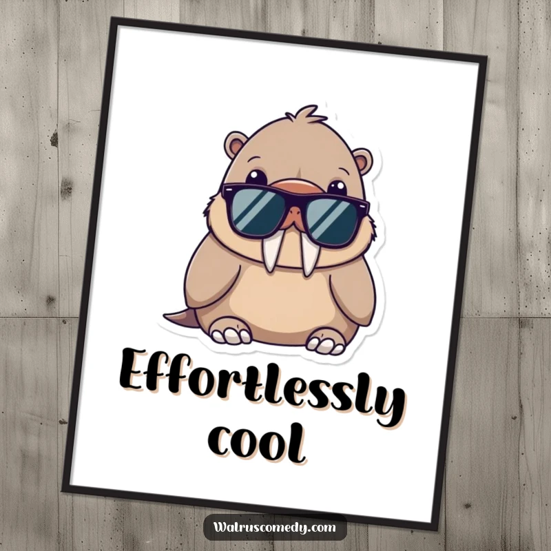 Funny digital art print of a kawaii walrus wearing sunglasses, looking supremely cool and relaxed, adding effortless style to any space.