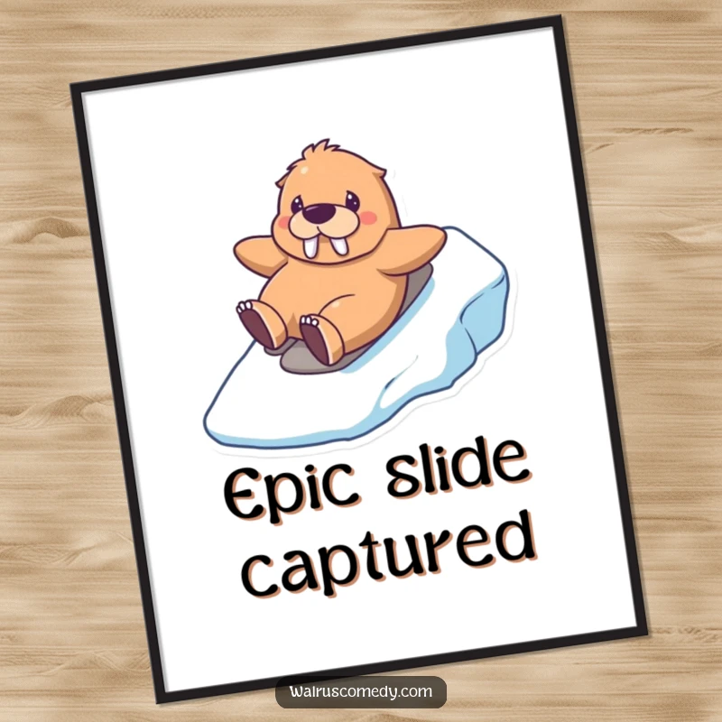 Funny kawaii walrus digital art print of a happy walrus sliding down an icy hill, offering instant whimsical charm and winter humor.