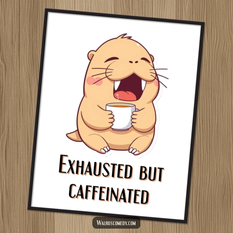 Funny walrus digital art print of a tired walrus yawning widely while holding a teacup, perfect for sleepy decor.