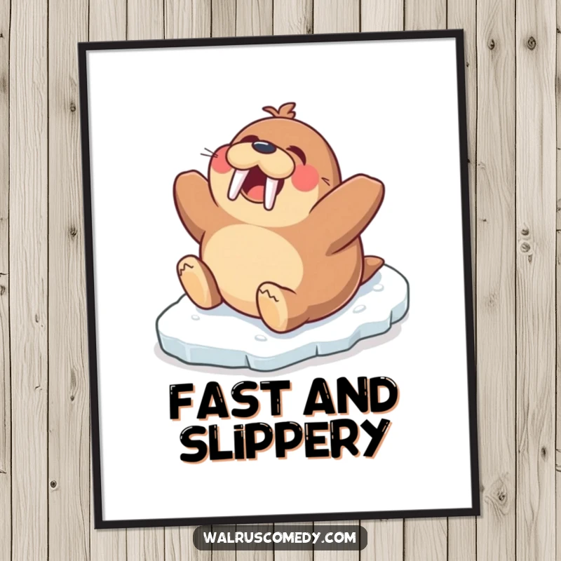 Funny digital art print of an excited walrus character gleefully sliding down an icy slope, conveying exhilaration and winter fun.