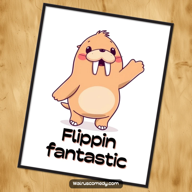 Funny walrus character joyfully dancing with its flippers in the air, digital art print, instant party decor.