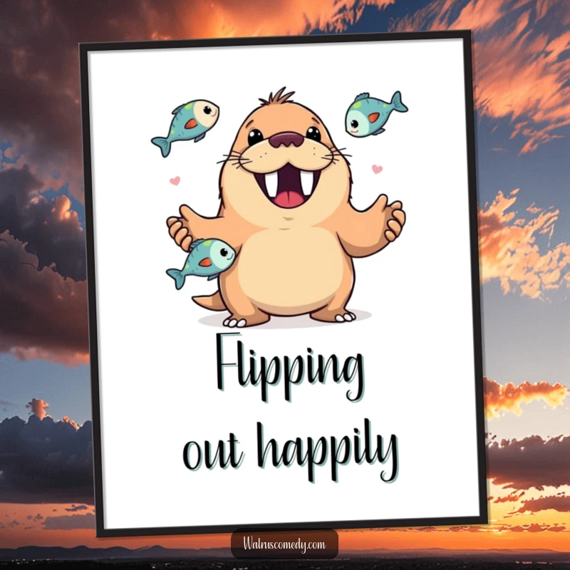 Funny digital art print of a happy walrus with a wide, toothy grin expertly juggling fish, capturing marine joy.