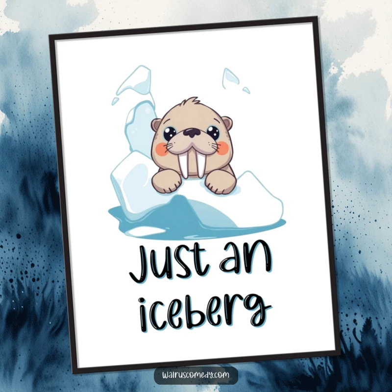 Funny digital art print of a curious walrus with oversized eyes peeking over an iceberg, offering instant humor and personality.