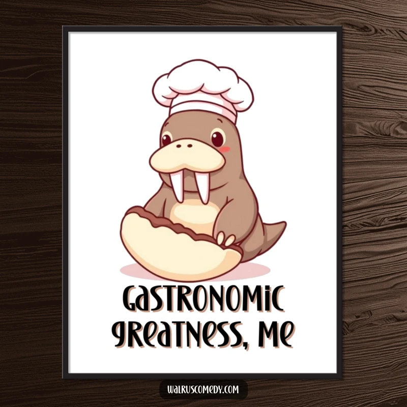 Funny digital art print of a walrus chef flipping a giant clam, offering instant humorous culinary wall decor for kitchens.