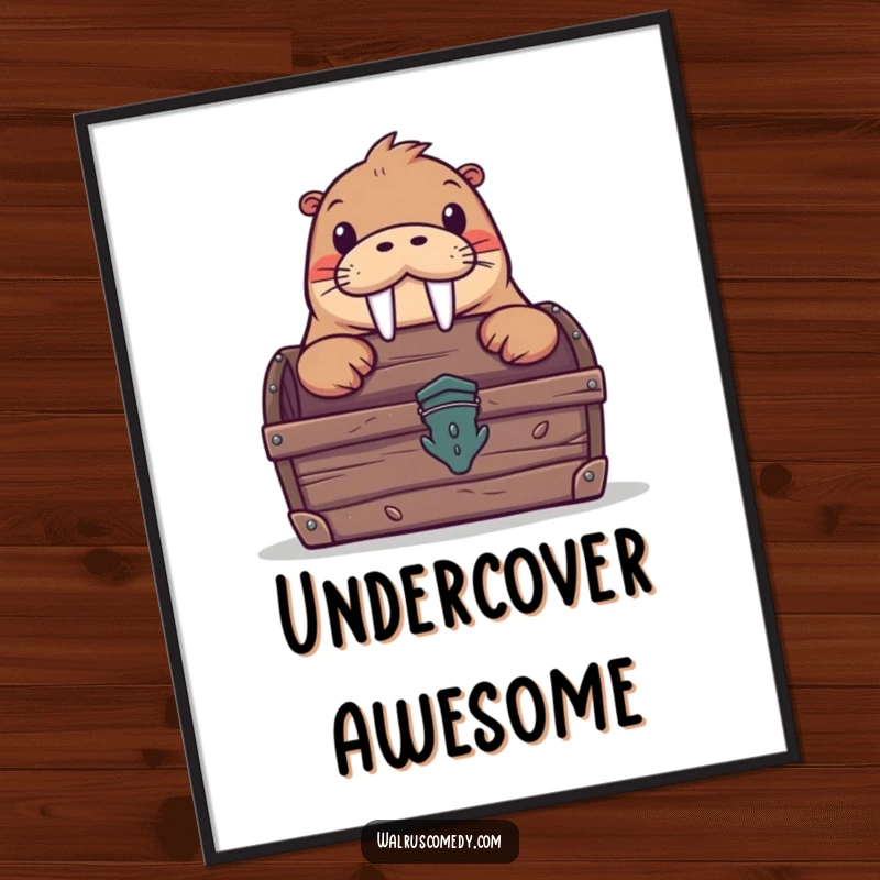 Funny digital art print of a curious walrus peeking from behind a treasure chest, ready to bring a humorous and enchanting vibe to your decor.