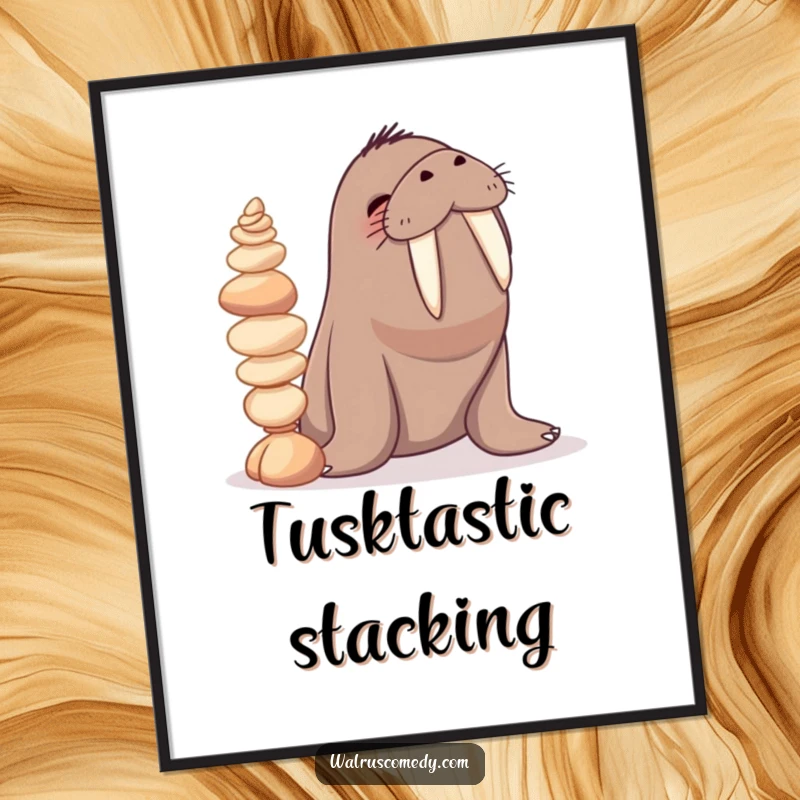 Funny digital art print of a giggling walrus character balancing a stack of seashells on its tusks, embodying ocean whimsy and humor.