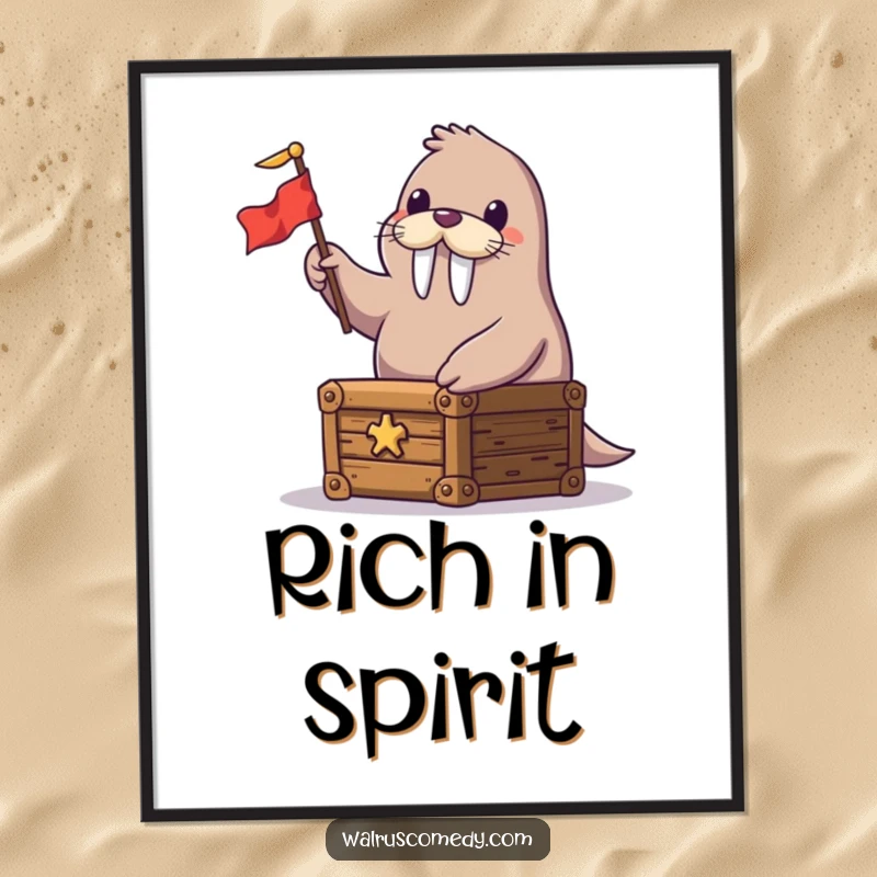 Funny digital art print of a cheerful walrus on a treasure chest, waving a flag, perfect for instant wall decor.