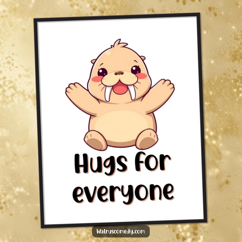 Funny walrus digital art print of a joyful walrus character offering a big, warm hug, symbolizing happiness and affection.