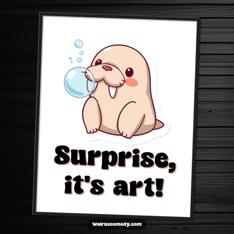 Funny kawaii walrus blowing a bubble with its flippers, looking surprised, a charming and humorous digital art print for your walls.