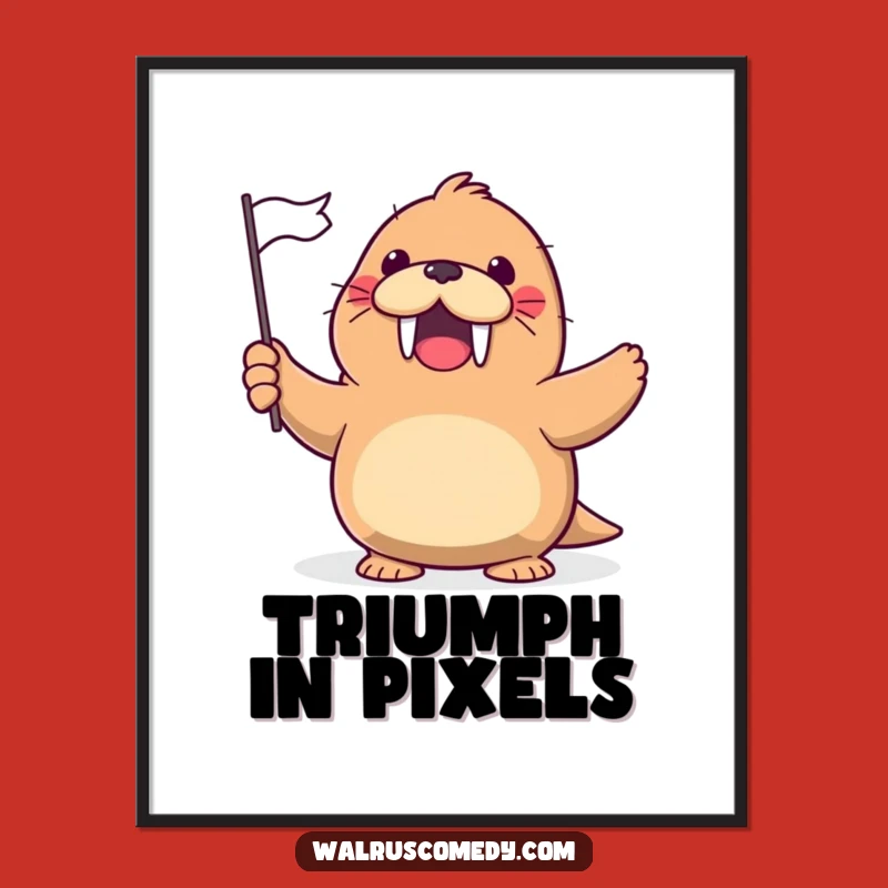 Funny Kawaii Walrus Flag Wave Digital Art - Cheerful Decor, Humorous Gift