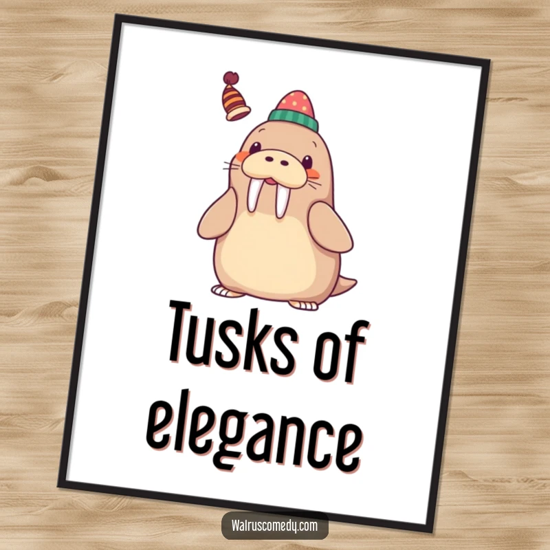 Funny Digital Art Print of a kawaii walrus playfully balancing a whimsical hat on its tusk with a cheerful smile.