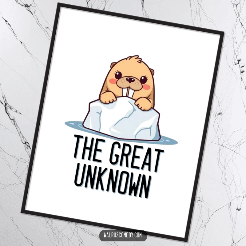 Funny kawaii walrus character peeking with wide-eyed curiosity from behind a large iceberg, displayed as intriguing digital art.