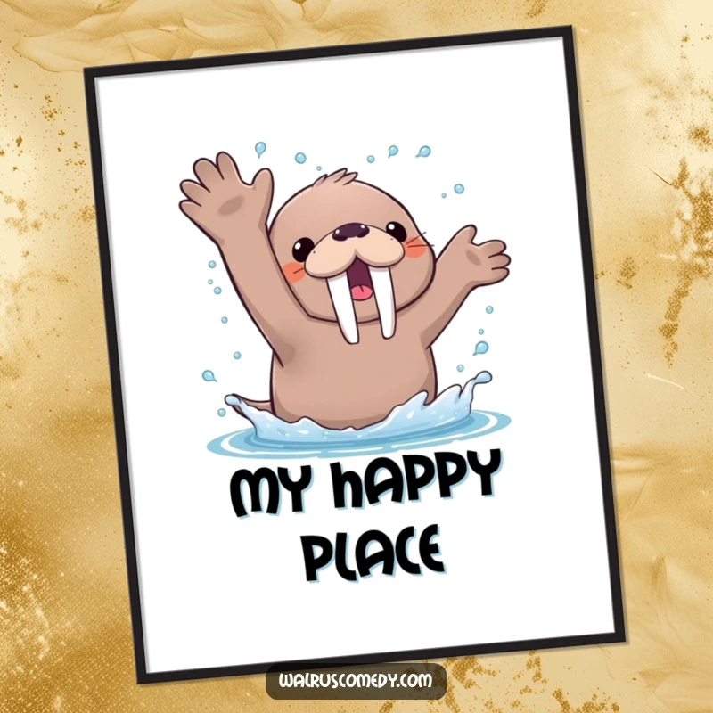 Funny Digital Art Print of a kawaii walrus enthusiastically splashing water with its flippers, showering happy droplets.