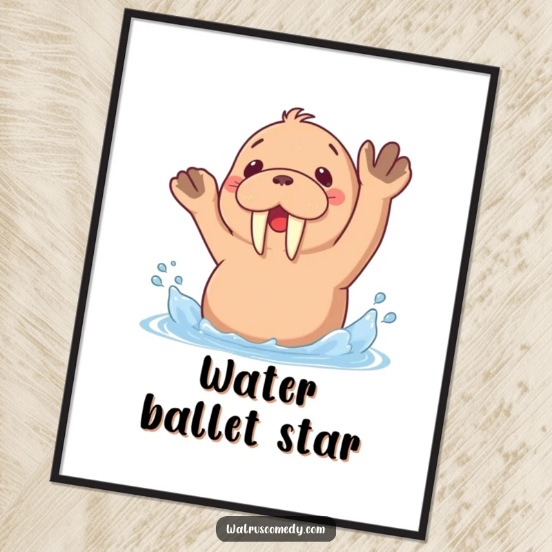 Funny digital art print of a kawaii walrus joyfully splashing water with its flippers, bringing playful energy to any digital space.