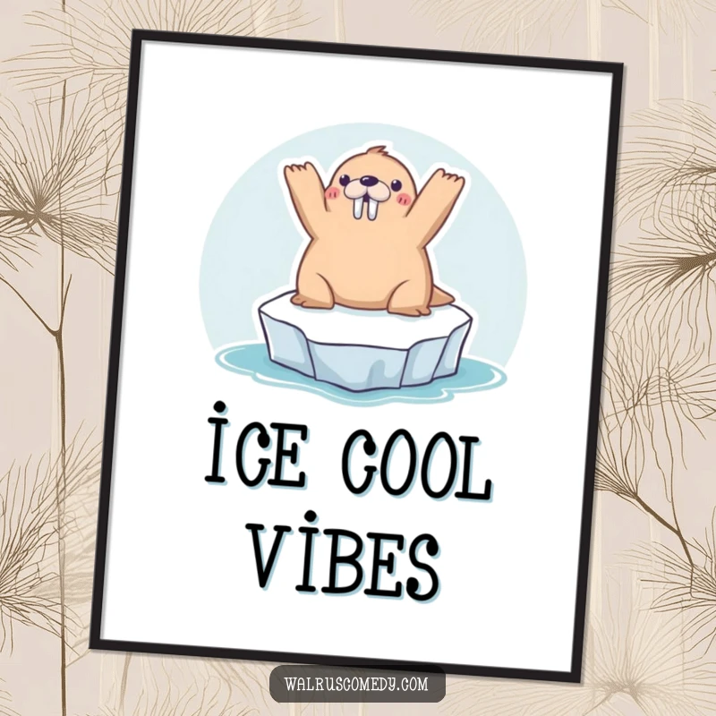 Funny kawaii walrus sunbathing on a tiny iceberg, arms raised, a whimsical and humorous digital art piece for instant room decoration.
