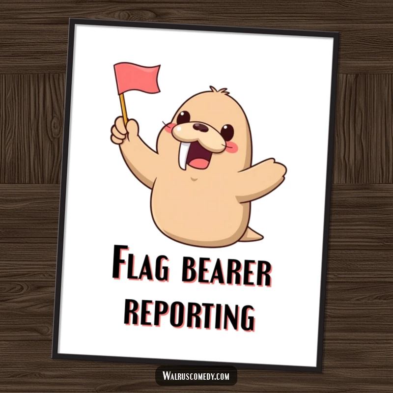 Funny Kawaii Walrus Digital Art Print: A gleeful walrus waves a small flag, offering instant cheerful decor and a humorous touch to any space.