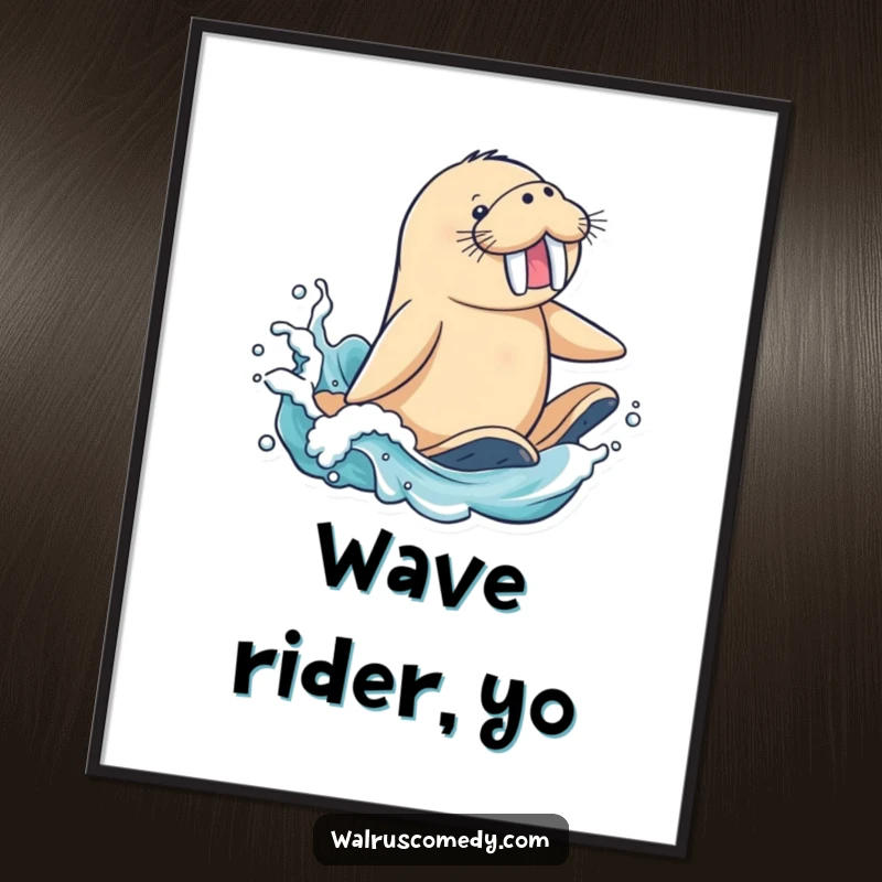 Funny Digital Art Print: A cheerful walrus character rides a massive wave, flippers splashing, capturing the thrill of the ocean.