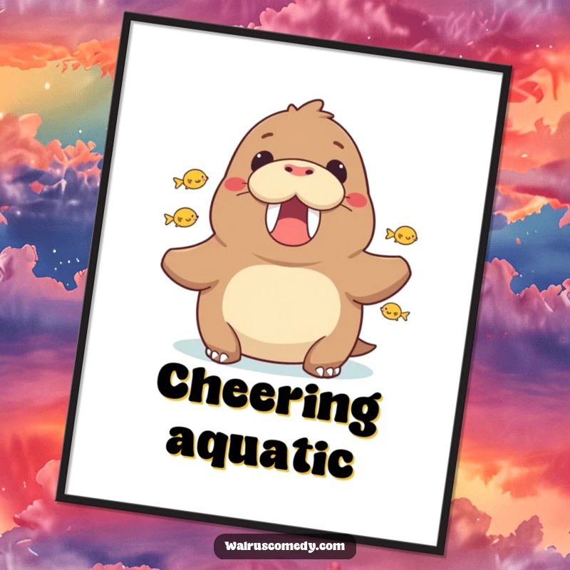 Funny walrus cheering with fish, instant digital download art, a motivational and humorous wall decor piece.