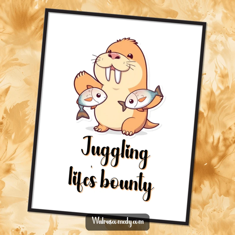 Funny walrus character digital art print, juggling two shiny fish with a grin, instant download and a funny gift.