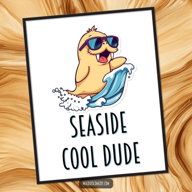 Funny walrus character digital art print wearing sunglasses, riding a wave with excitement, instant download and a funny gift.