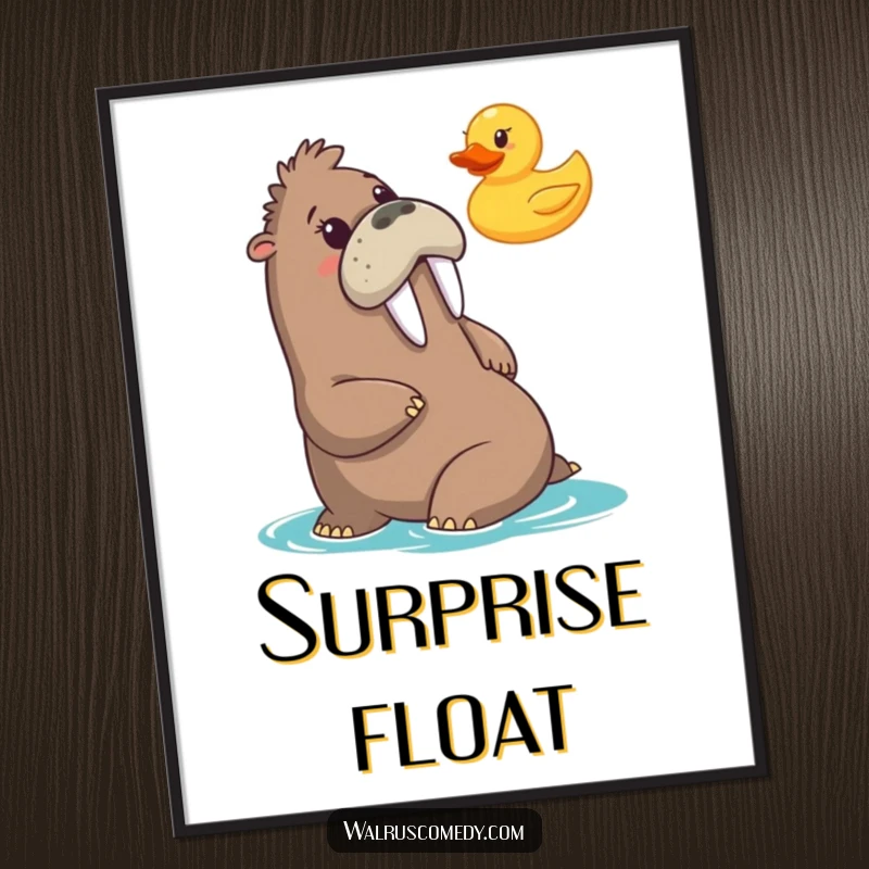Funny digital art print depicting a walrus comically shocked by a floating rubber duck, capturing a moment of pure, bewildered joy.