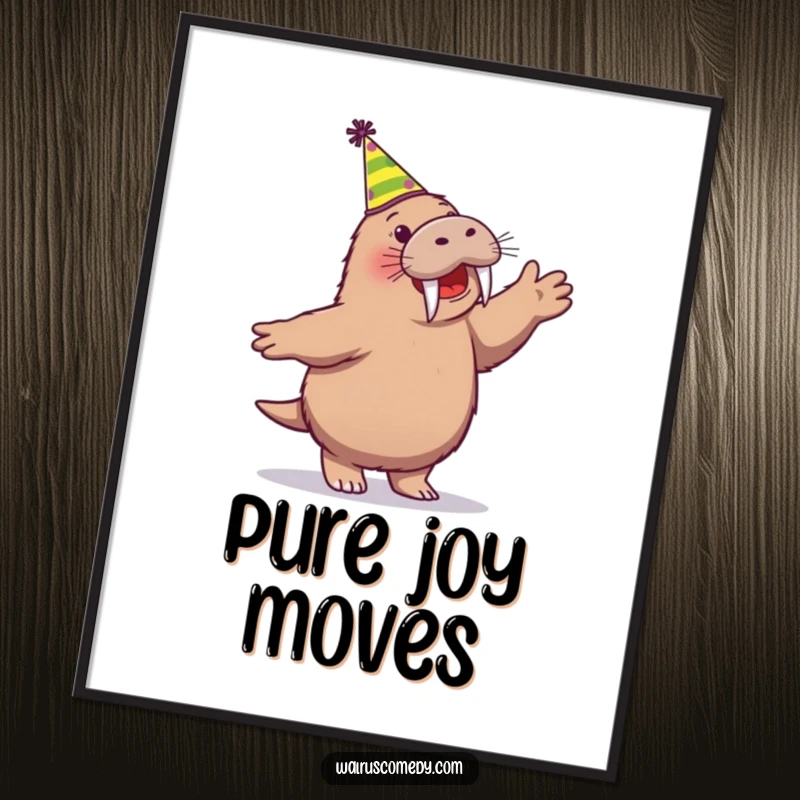 Funny digital art print of an ecstatic walrus character dancing with a party hat, offering instant celebration and humor.