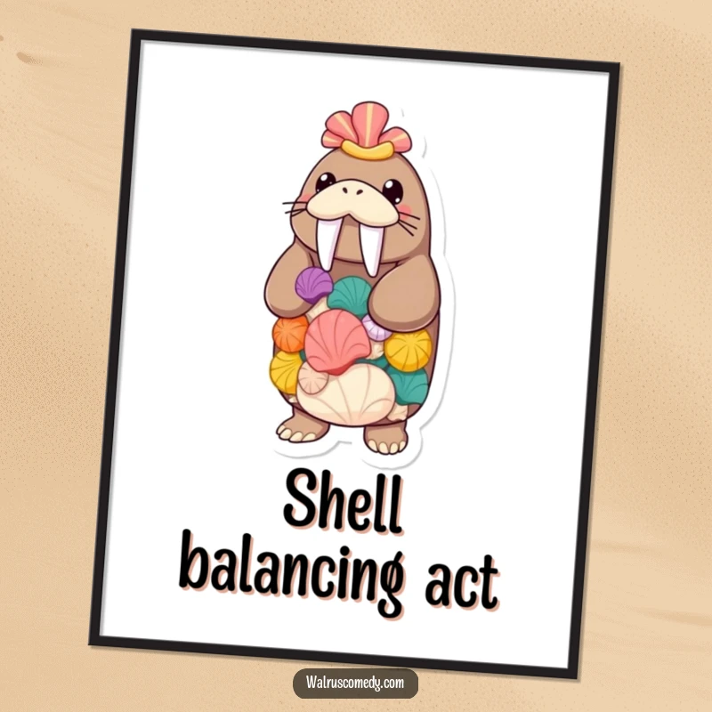 Funny walrus balancing seashells, instant digital download art, a humorous beach-themed wall decor piece.