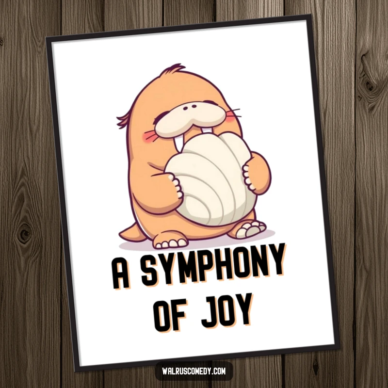 Funny Walrus Digital Art Print: A high-quality image of a walrus giggling heartily while holding a giant seashell, ready for printing.