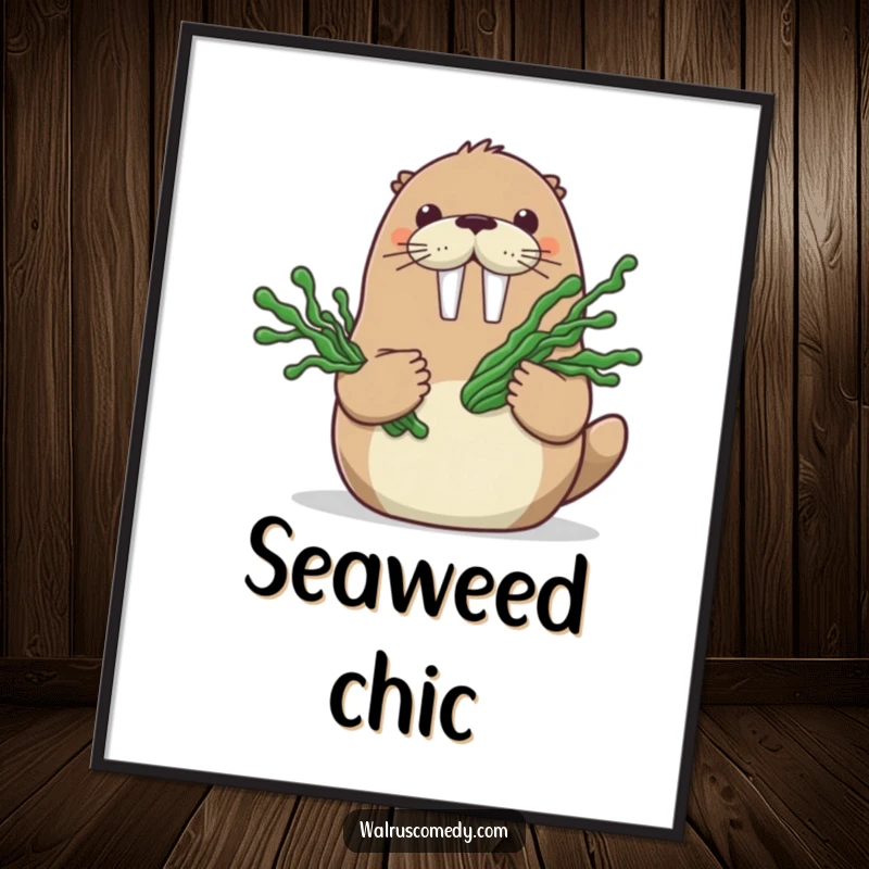 Funny digital art print of a happy walrus character holding a bouquet of seaweed, offering instant charm and oceanic humor.