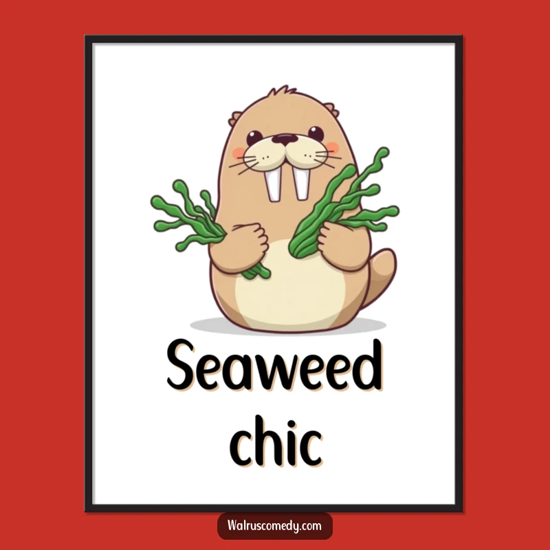 Funny Walrus Seaweed Bouquet Digital Art - Cheerful Cartoon Walrus Download, Perfect Funny Gift